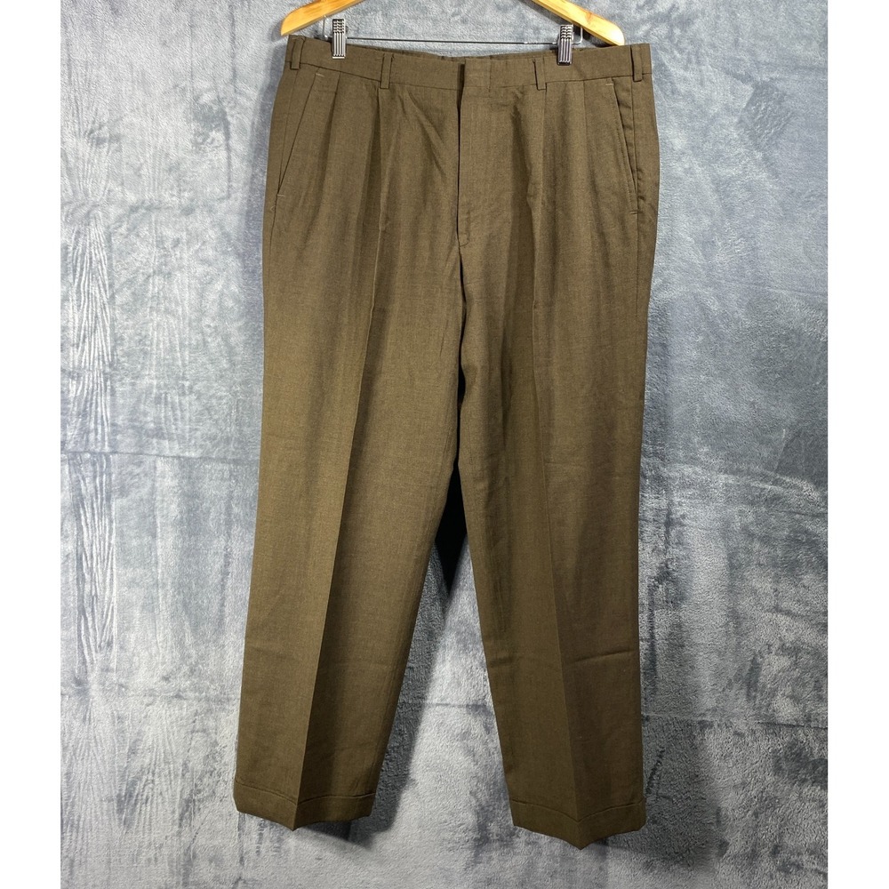 Vintage Lands End Pants 38x29 Brown Wool Pleated Cuffed High Waist Baggy USA